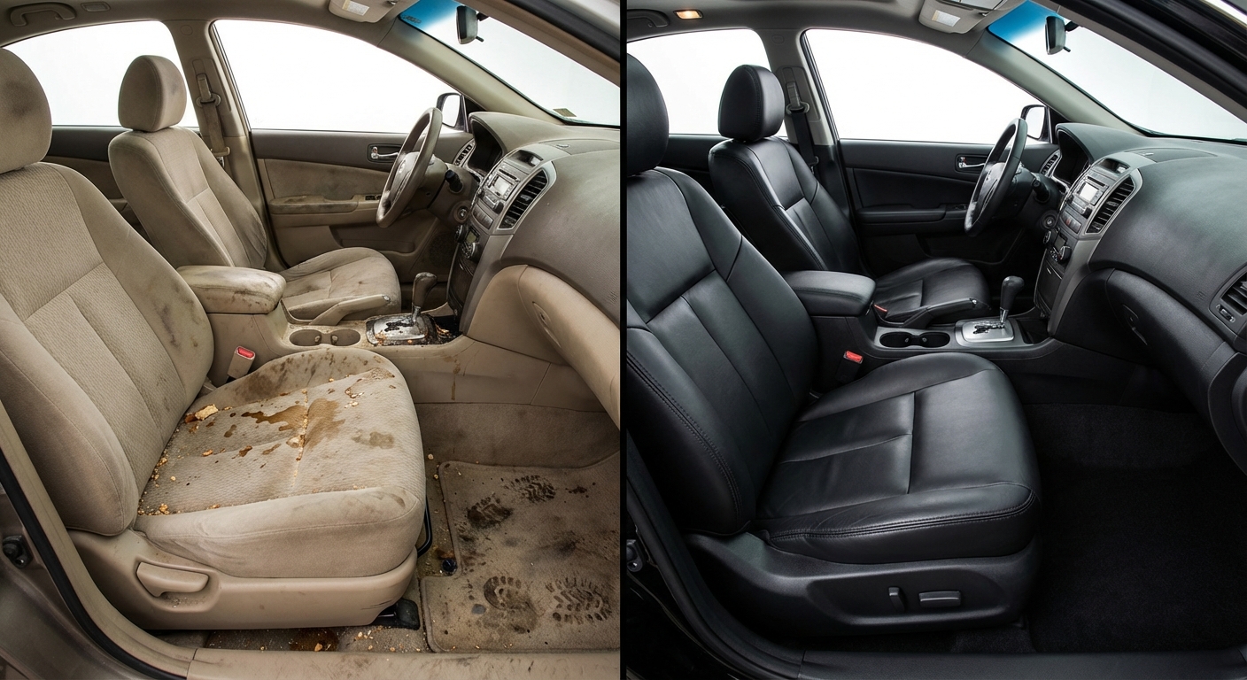 Przed i po detailingu wnętrza samochodu w Poznaniu