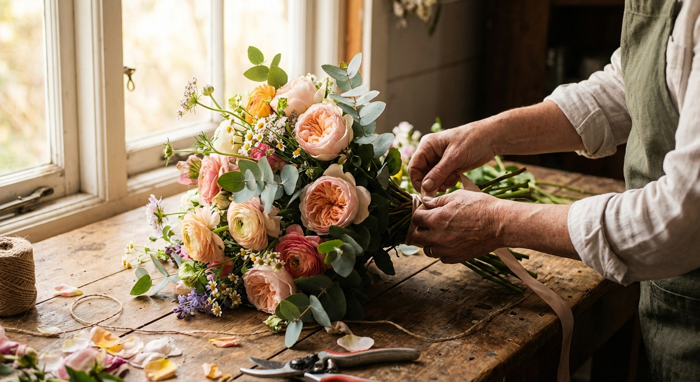 Florystka układa świeże kwiaty