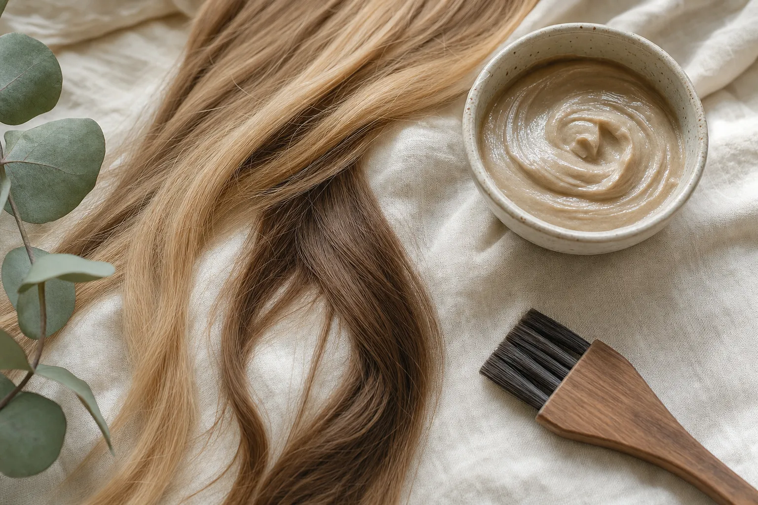 Pasma włosów w naturalnym blondzie i chłodnym brązie na lnie, obok miseczka farby i pędzel