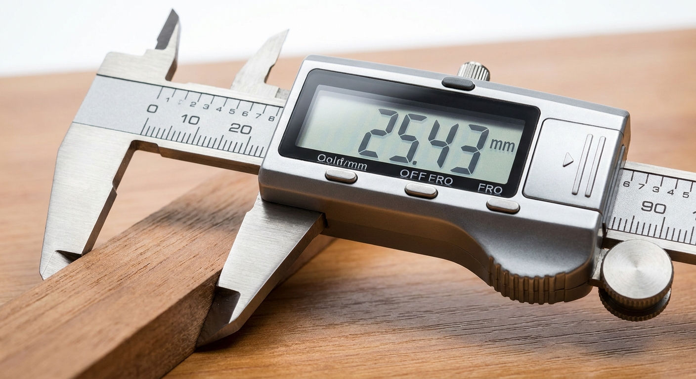 Cyfrowa suwmiarka mierząca precyzyjnie element drewniany
