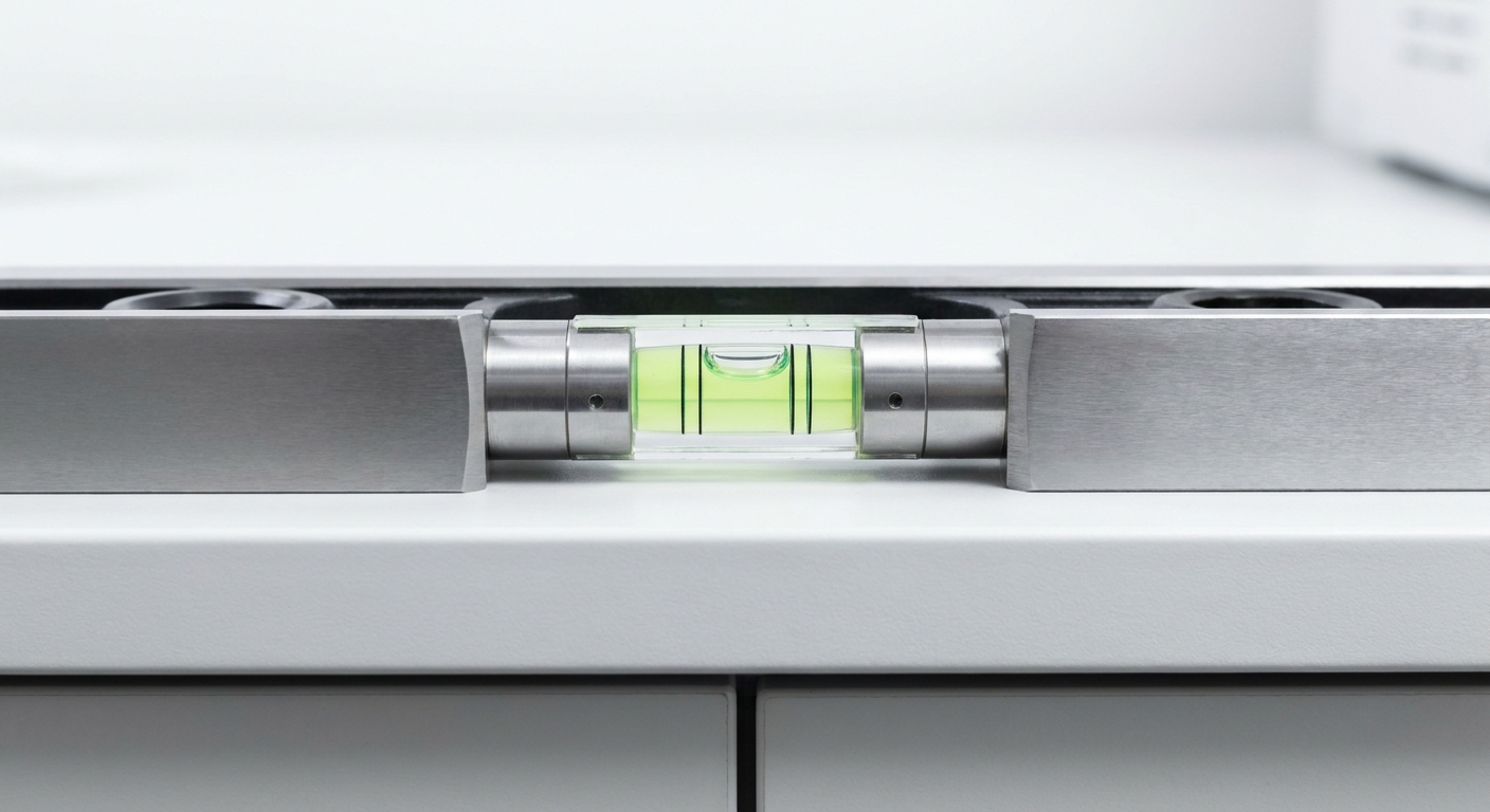 Poziomnica na szafce pokazująca perfekcyjne wypoziomowanie