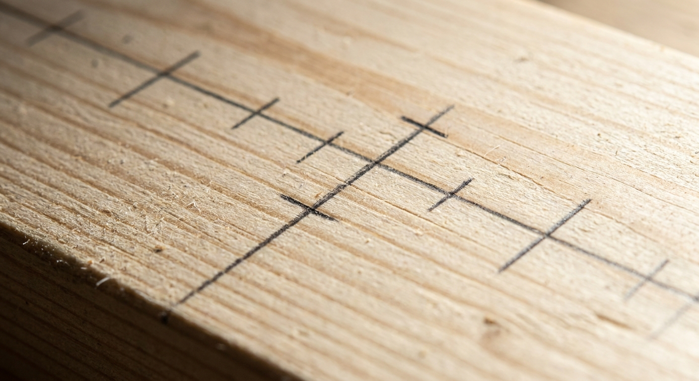 Oznaczenia ołówkiem stolarza na drewnie