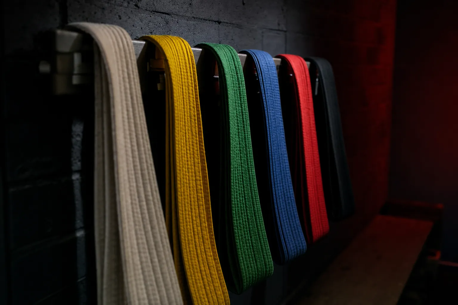 Pasy taekwondo od białego do czarnego zawieszone na ścianie