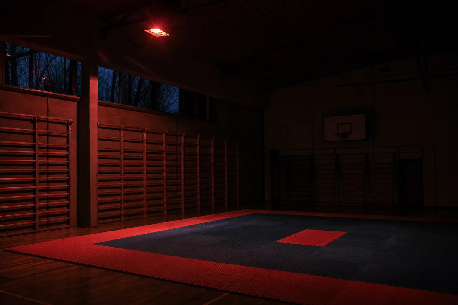 Pusta sala treningowa z matami World Taekwondo, ujęcie z narożnika wieczorem
