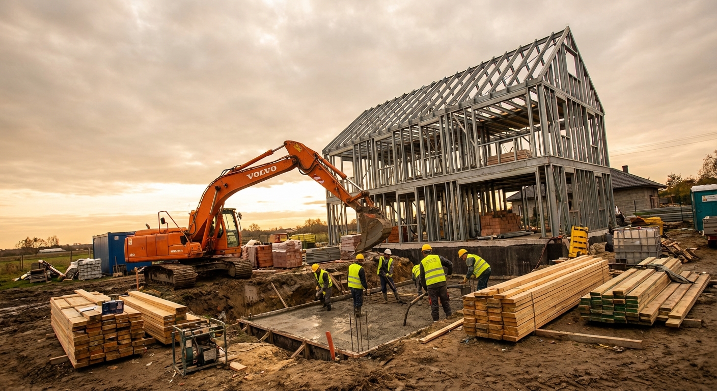 Profesjonalna budowa - ekipa budowlana na placu budowy