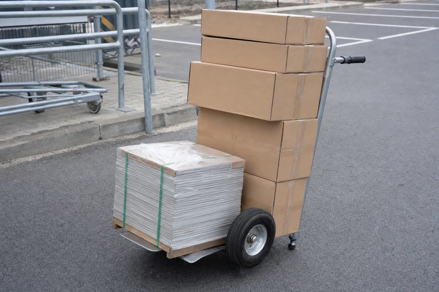 Kartony i paleta płytek owinięta folią na wózku transportowym na parkingu przed sklepem