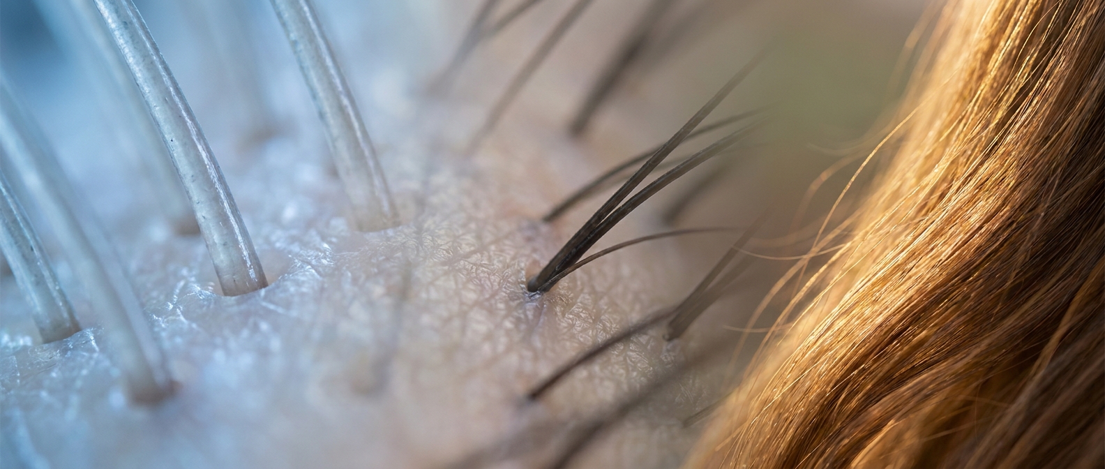 Transformacja z mikroskopowego widoku zdrowej skóry głowy do pięknych włosów — efekt terapii trychologicznej