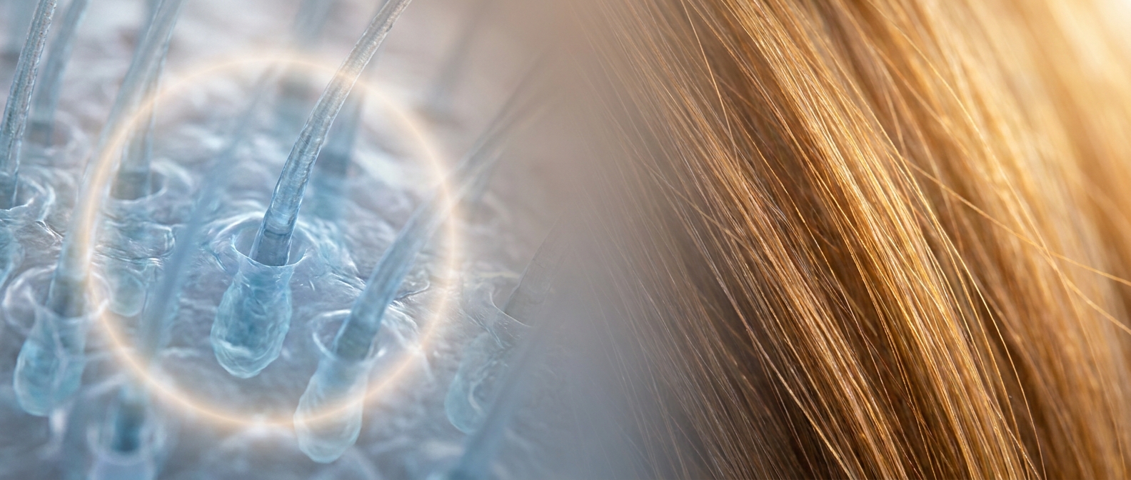 Macro photography of healthy scalp transitioning to beautiful hair strands - the reveal moment