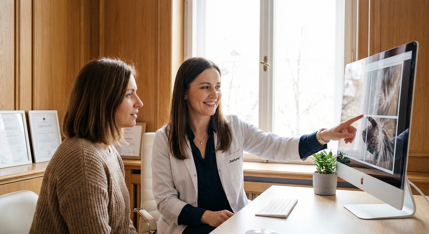 Justyna Trela explaining results to patient - knowledgeable but warm