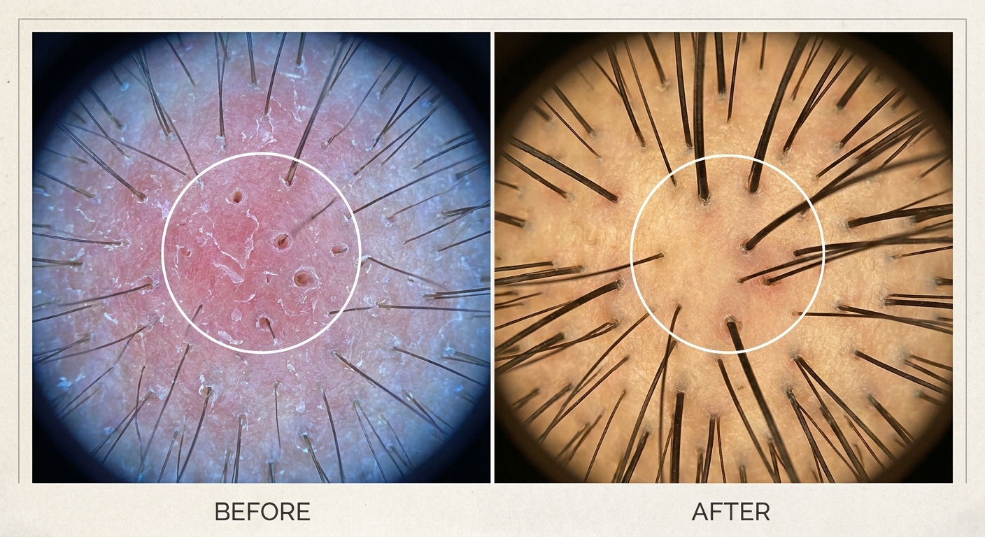 Porównanie przed/po: poprawa stanu skóry głowy pod trichoskopią