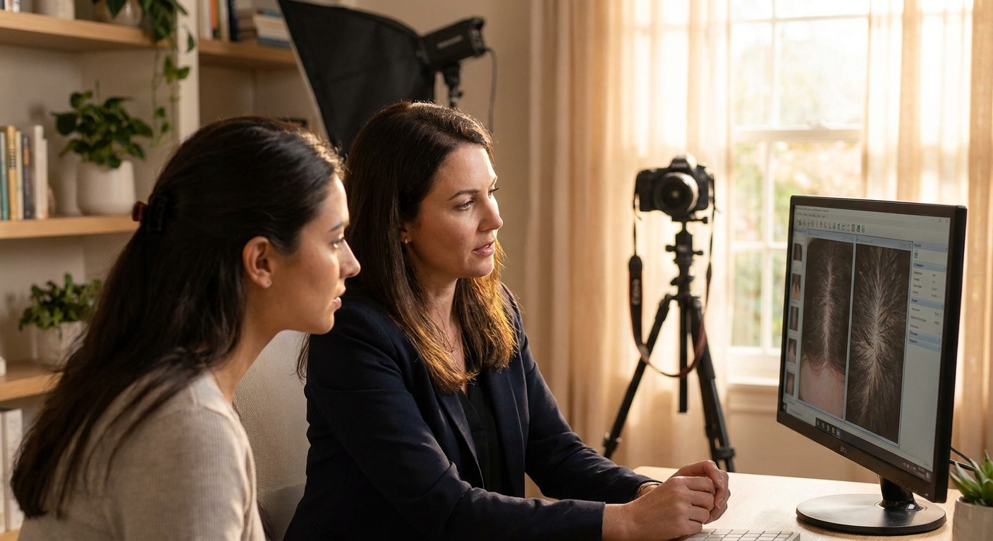 Warm consultation scene - Justyna reviewing scalp images with client