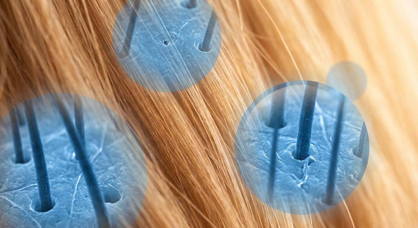Healthy hair with magnification circles revealing scalp detail - invitation to discovery