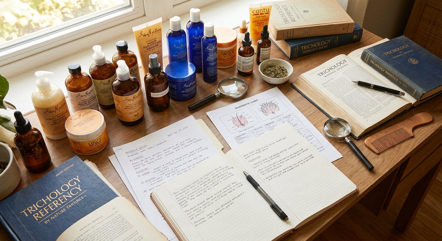 Consultation workspace with natural hair care products and research materials