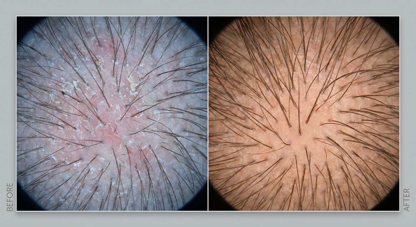 Before and after split comparison of scalp health under magnification