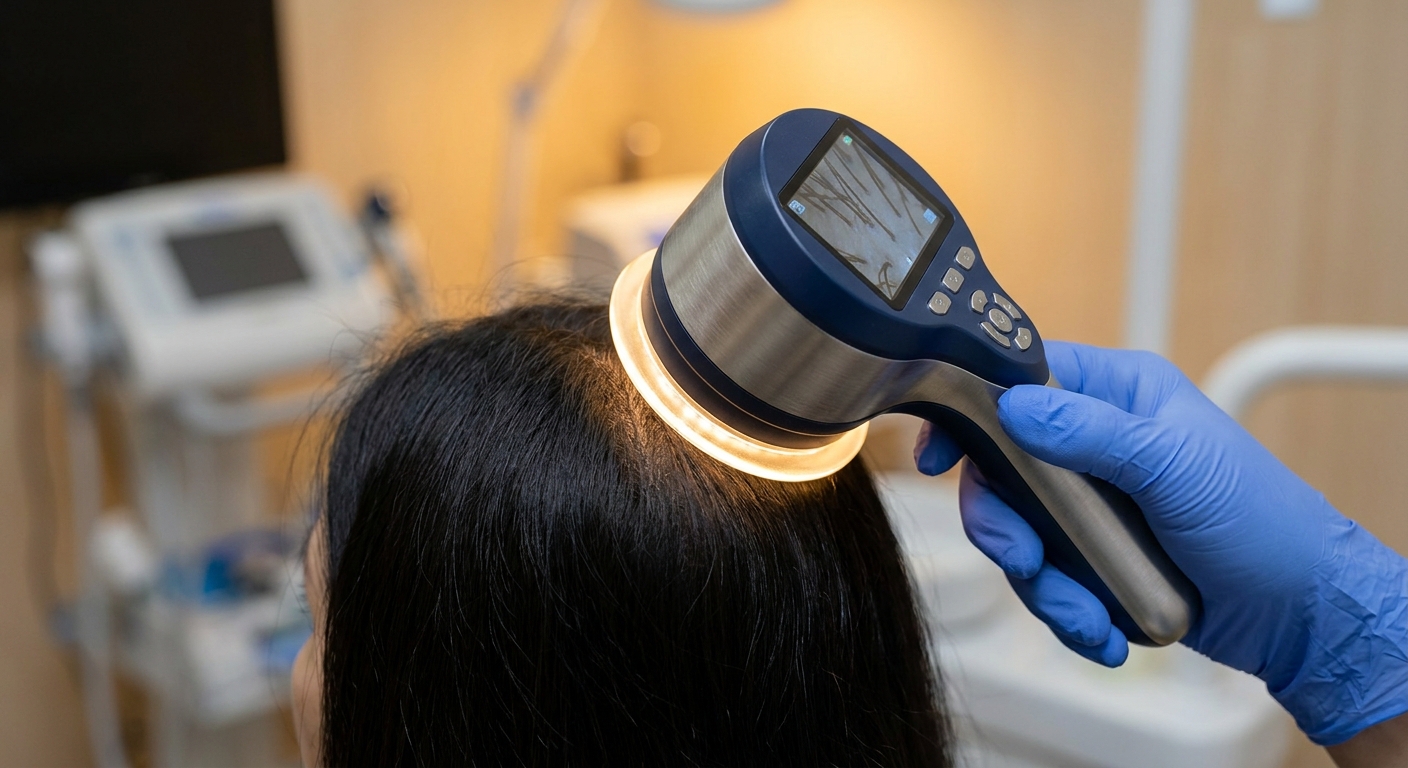 Close-up of trichoscope scalp camera in use - scientific diagnostic tool